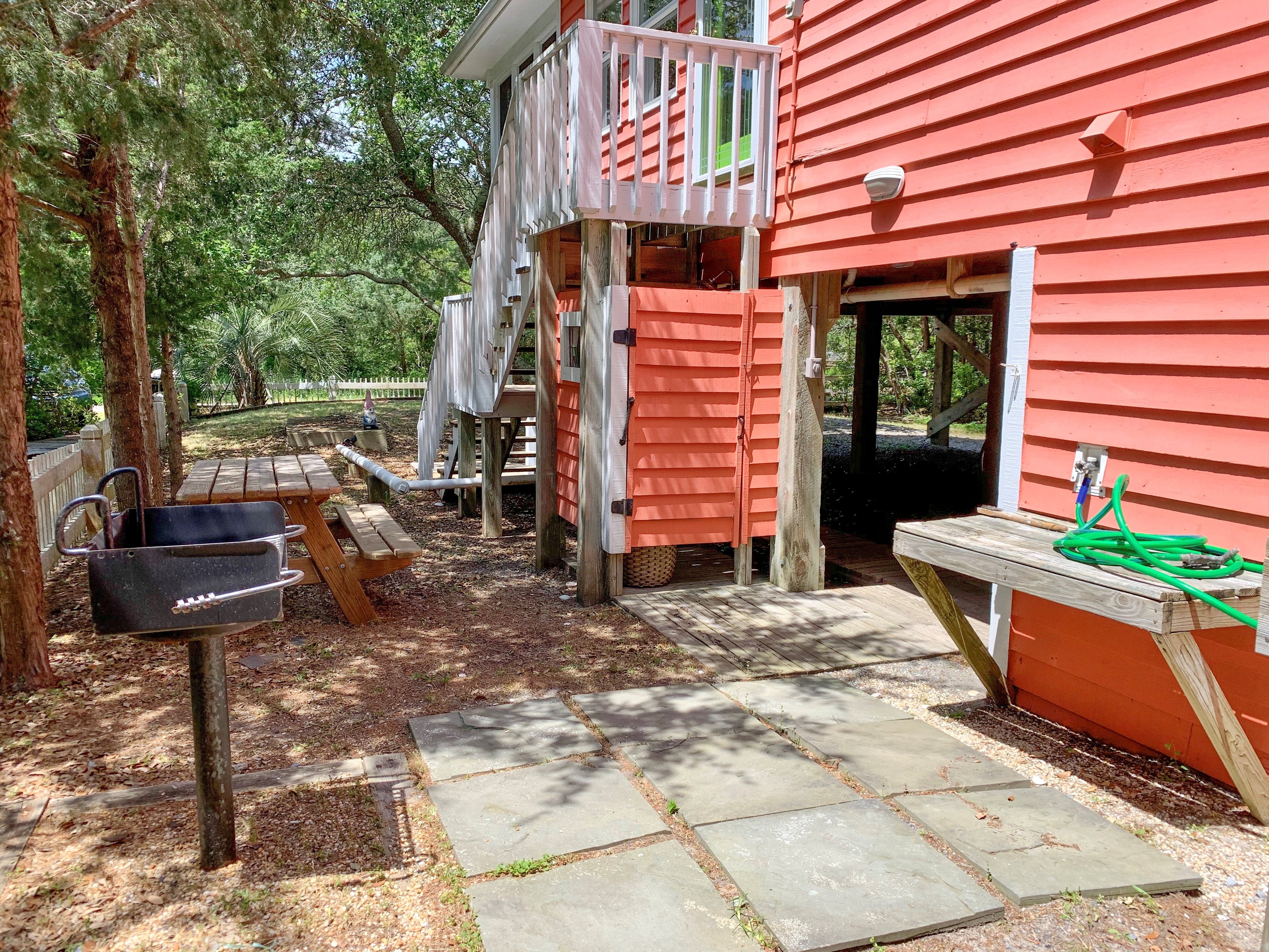 Charcoal Grill, Fish Bench, Outdoor Shower, and Picnic Table