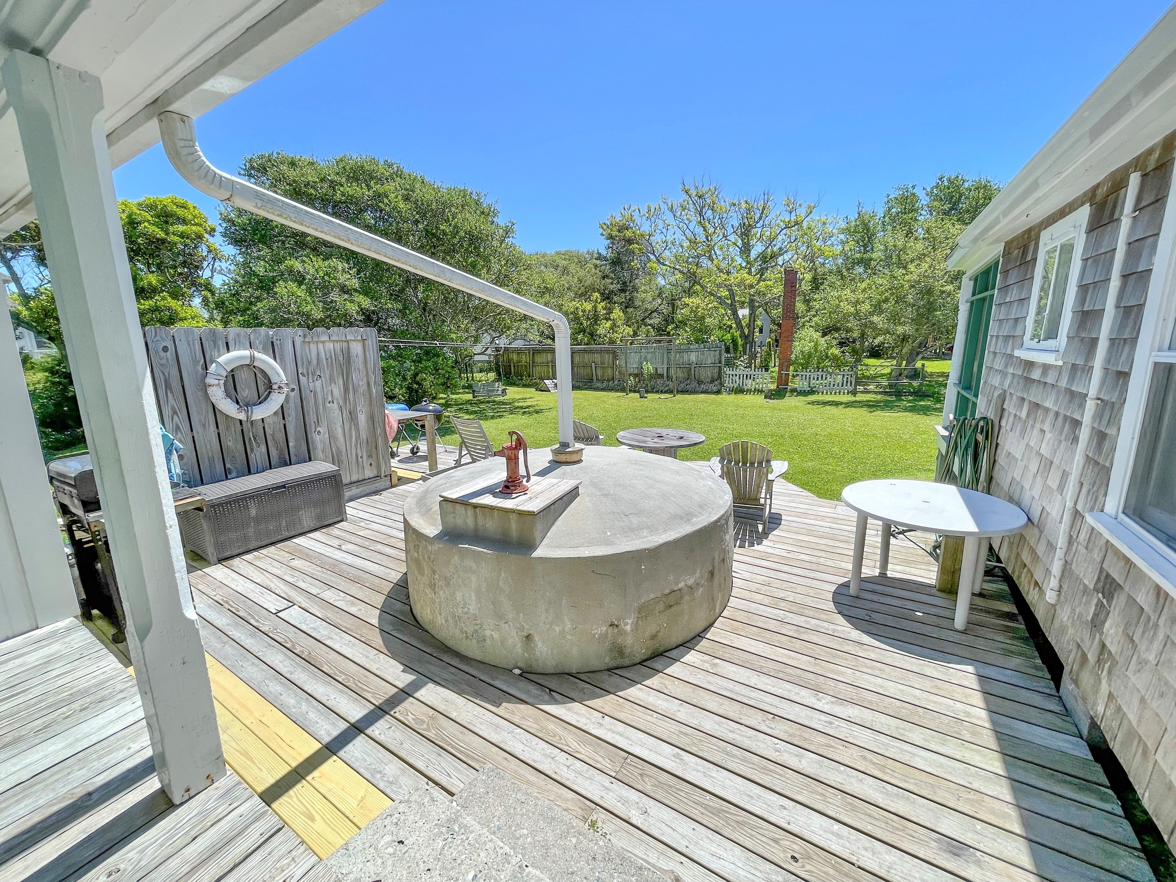 Back Deck with Outdoor Shower, Fish Cleaning Table, Gas Grill, and Charcoal Grills