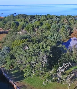 Aerial View Of Southern Comfort on Treed Lot and Neighbor's Expansive Property