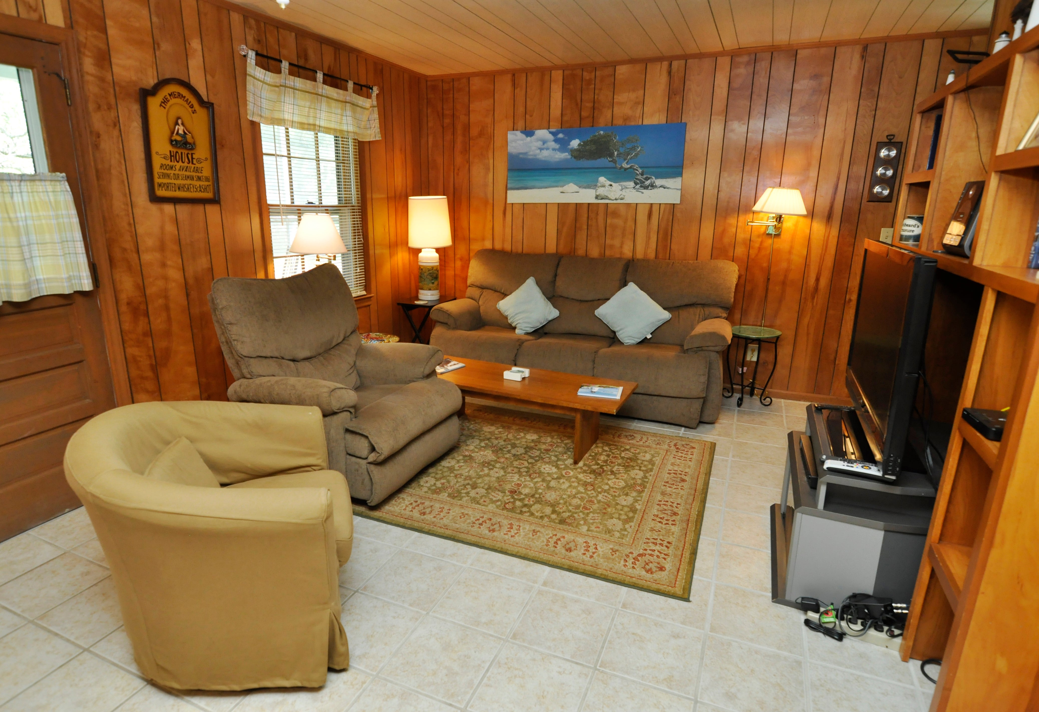 Living Area with TV, First Floor with Screened Porch Access